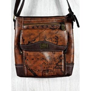 BOC Voyage Map Print Crossbody Bag Brown Faux Leather Travel